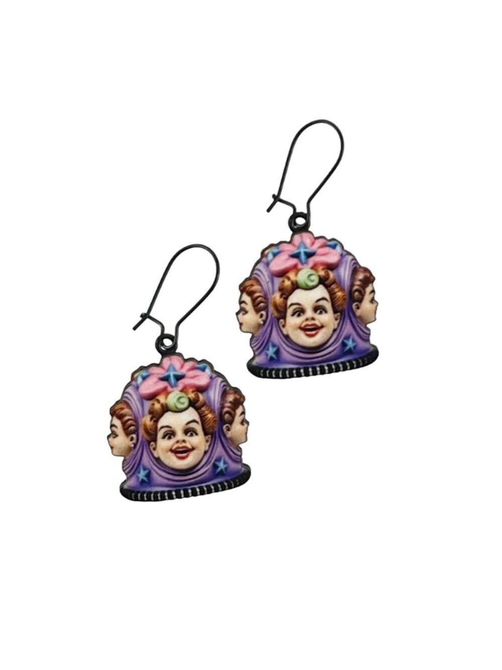 Whimsical Three Faced Circus Performer Earrings — Black Kidney Ear Wires